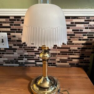 Vintage Brass Table Lamp with Frosted White Ribbed Glass Shade